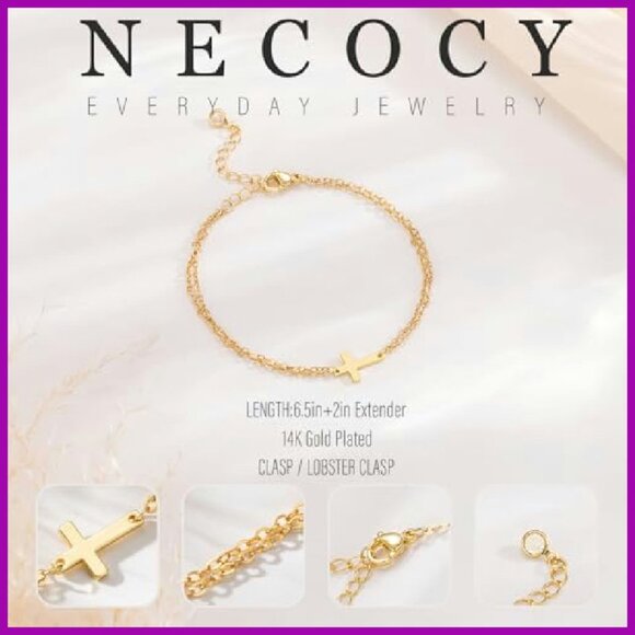 Dainty Cross Bracelet Stack, 14K Gold Plated, Adjustable 6.7"+2" Chain - Picture 6 of 7